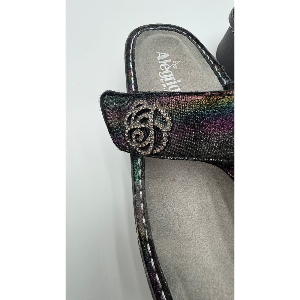 Alegria Carina Rainbow Metallic Leather Thong Sandals Black Rhinestone Rose 38 - Picture 5 of 10